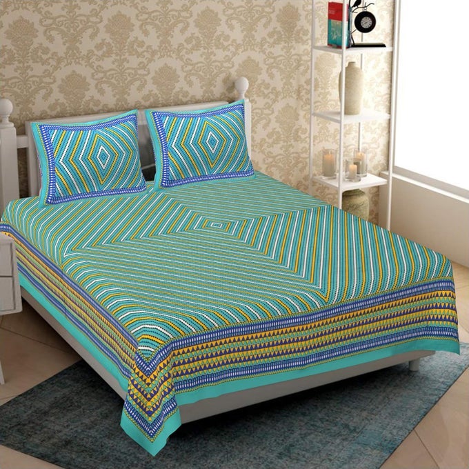 COTTON FLORAL JAIPURI TRADITIONAL DOUBLE BED BEDSHEET WITH 2 PILLOW COVERS GREEN