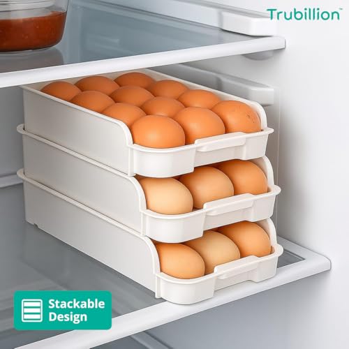 TRUBILLION EggDeck Stackable Egg Tray Set of 3,45 Egg Storage,15 Slots Per Tray,Space-Saving Organizer for Fridge,White Matte Finish,Tabletop & Cabinet,BPA-Free,Durable,Detachable,Freezer Safe (White) - Image 2