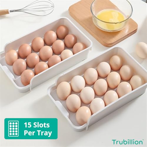 TRUBILLION EggDeck Stackable Egg Tray Set of 3,45 Egg Storage,15 Slots Per Tray,Space-Saving Organizer for Fridge,White Matte Finish,Tabletop & Cabinet,BPA-Free,Durable,Detachable,Freezer Safe (White) - Image 4