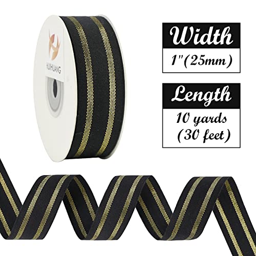 HUIHUANG Striped Cotton Ribbon Black Gold Graduation Ribbon 1 inch x 10 Yards Black Cotton with Metallic Gold Stripe for Gift Wrapping DIY Crafts Christmas Decor Wreath Bows Invitations - Image 5