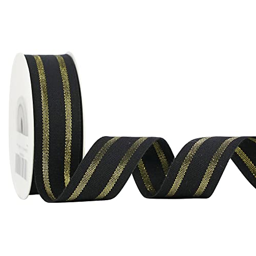 HUIHUANG Striped Cotton Ribbon Black Gold Graduation Ribbon 1 inch x 10 Yards Black Cotton with Metallic Gold Stripe for Gift Wrapping DIY Crafts Christmas Decor Wreath Bows Invitations - Image 2