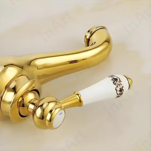 InArt Stylish Bathroom Faucet, Single Lever, Waterfall, 12 Inches, Antique, Hot and Cold Water Mixer (Gold) - Image 3