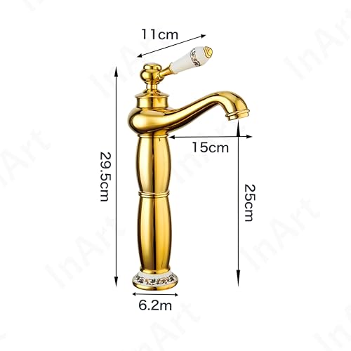 InArt Stylish Bathroom Faucet, Single Lever, Waterfall, 12 Inches, Antique, Hot and Cold Water Mixer (Gold) - Image 2
