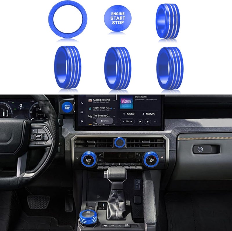 HDUFC For Toyota Tacoma 2024 2025/4Runner/4Runner Hybrid 2025 One Touch Start, Screen Center Console Button Knob Cover Ring Air Conditioner AC Switch Audio Aluminum Alloy Parts 6pcs (14-inch screen, blue) - Image 1