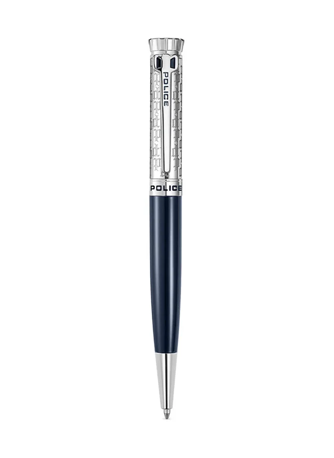 POLICE Gothic Pen Monogrammed P Logo Crown Faceted Cap Blue Finish Stainless Steel