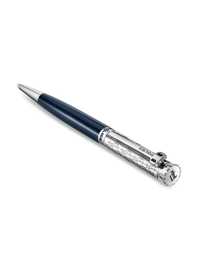 POLICE Gothic Pen Monogrammed P Logo Crown Faceted Cap Blue Finish Stainless Steel