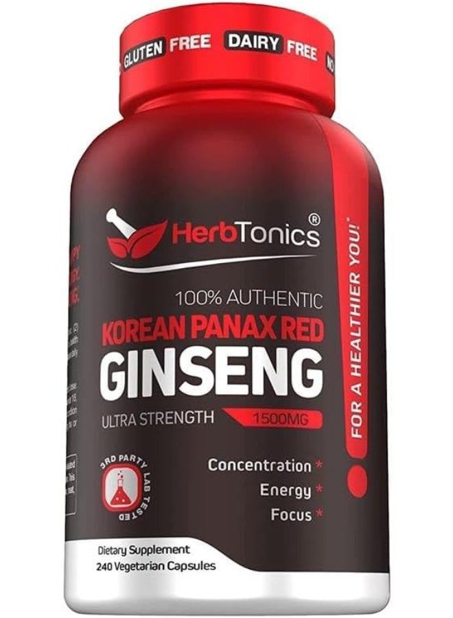 Herbtonics جنسينغ كوري أحمر 1500 ملغ - مكمل طاقة للأداء العالي والتركيز والحيوية - مستخلص جذور الجنسينغ عالي القوة - 240 كبسولة نباتية - Image 1