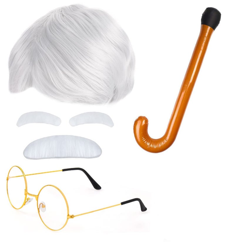 Beefunny Old Man Wig and Glasses Grandpa Costume Accessories Inflatable Walking Cane 100th Day of School Starter Kit (White) - Image 1