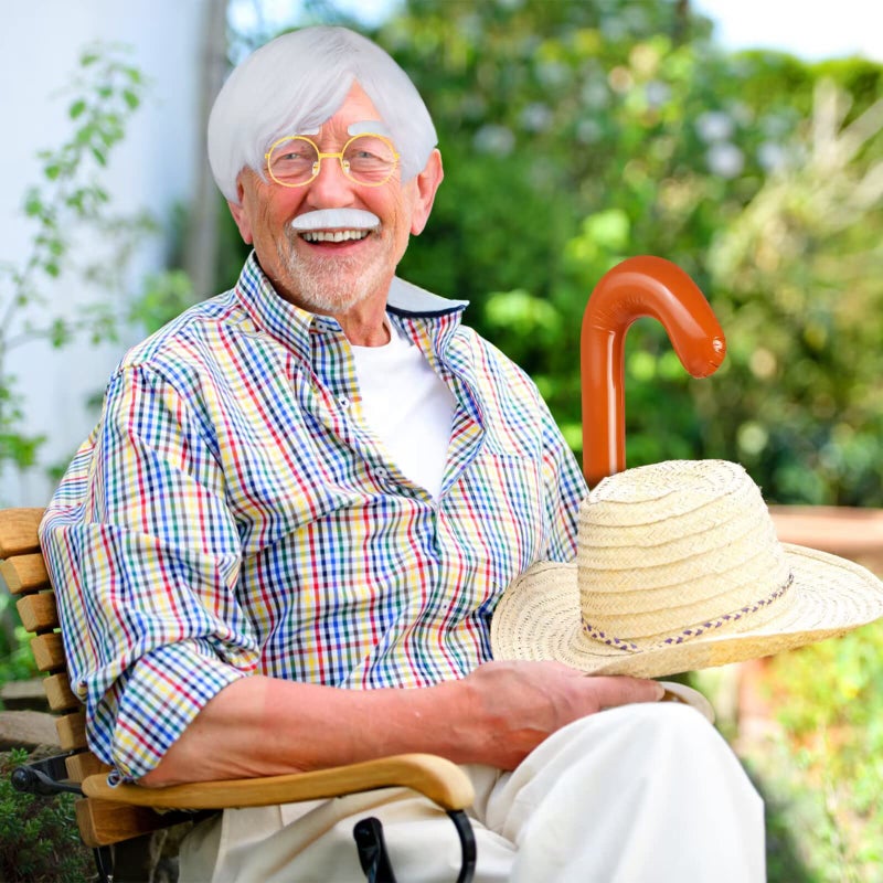 Beefunny Old Man Wig and Glasses Grandpa Costume Accessories Inflatable Walking Cane 100th Day of School Starter Kit (White) - Image 5
