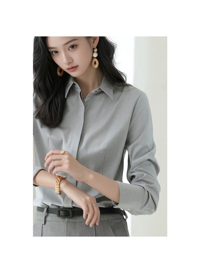 Teluoman 2-in-1 Easy-care Gray Long Sleeve Shirt For Women With Detachable Bow Tie, Elegant Casual Workwear Blouse - Image 1