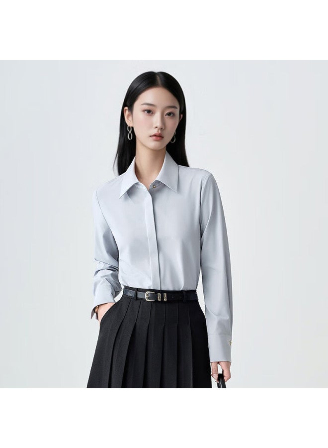 Teluoman 2-in-1 Easy-care Gray Long Sleeve Shirt For Women With Detachable Bow Tie, Elegant Casual Workwear Blouse - Image 3