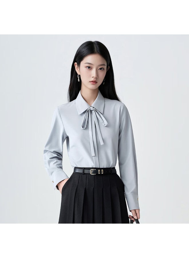 Teluoman 2-in-1 Easy-care Gray Long Sleeve Shirt For Women With Detachable Bow Tie, Elegant Casual Workwear Blouse - Image 2