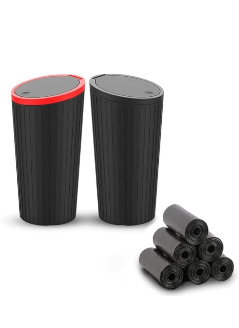 KASTWAVE 2Pcs Car Garbage Can Cup Holder, Mini Trash for Car, Car Trash Can with Lid, with 90 Pcs Black Bags, Small Car Trash Bin, Leakproof Car Can, Push to Open Lid Auto for Car Accessories, Black Red  - Image 1