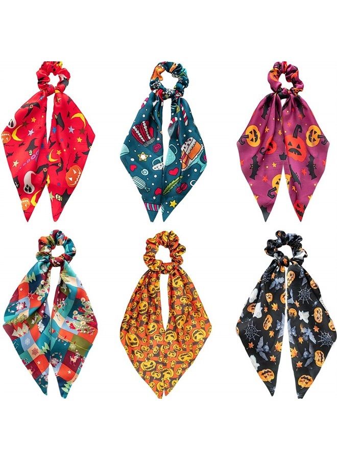 DINPREY 6 Pcs Halloween Scrunchies for Hair Halloween Hair Scarf, Holiday Hair Scrunchies Silk Hair Scarfs with Ribbon Bow for Woman Girls, Spider Ghost Pumpkin Elastic Hair Ties Ponytail Holder - Image 1