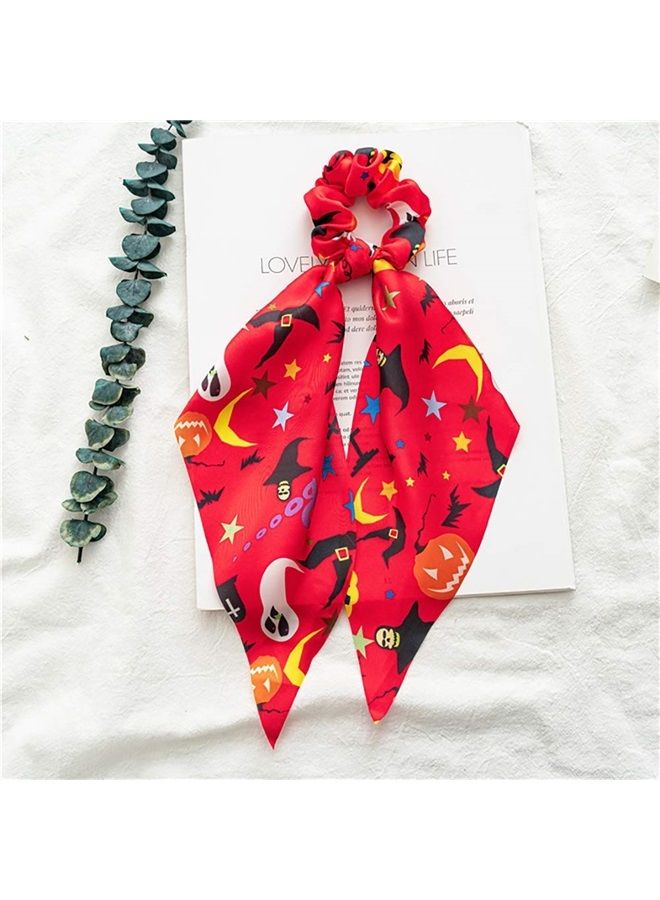 DINPREY 6 Pcs Halloween Scrunchies for Hair Halloween Hair Scarf, Holiday Hair Scrunchies Silk Hair Scarfs with Ribbon Bow for Woman Girls, Spider Ghost Pumpkin Elastic Hair Ties Ponytail Holder - Image 5