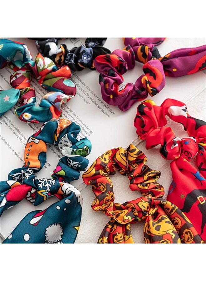 DINPREY 6 Pcs Halloween Scrunchies for Hair Halloween Hair Scarf, Holiday Hair Scrunchies Silk Hair Scarfs with Ribbon Bow for Woman Girls, Spider Ghost Pumpkin Elastic Hair Ties Ponytail Holder - Image 3
