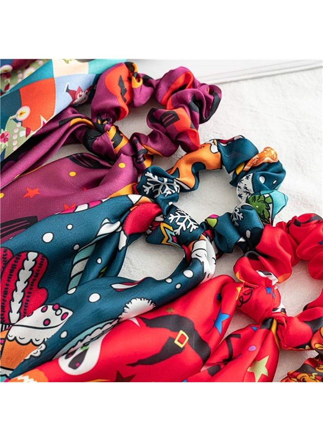 DINPREY 6 Pcs Halloween Scrunchies for Hair Halloween Hair Scarf, Holiday Hair Scrunchies Silk Hair Scarfs with Ribbon Bow for Woman Girls, Spider Ghost Pumpkin Elastic Hair Ties Ponytail Holder - Image 2