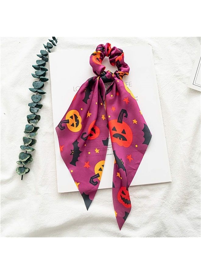DINPREY 6 Pcs Halloween Scrunchies for Hair Halloween Hair Scarf, Holiday Hair Scrunchies Silk Hair Scarfs with Ribbon Bow for Woman Girls, Spider Ghost Pumpkin Elastic Hair Ties Ponytail Holder - Image 4