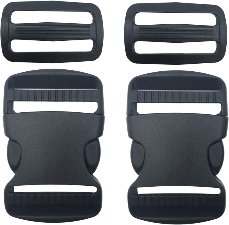 EesTeck 2 Set 1.5 Inch Flat Dual Adjustable Plastic Quick Side Release Plastic Buckles and Tri-glide Slides for Luggage Straps Pet Collar Backpack Repairing (Black, Fit For 1.5”/38mm Webbing Straps) - Image 1