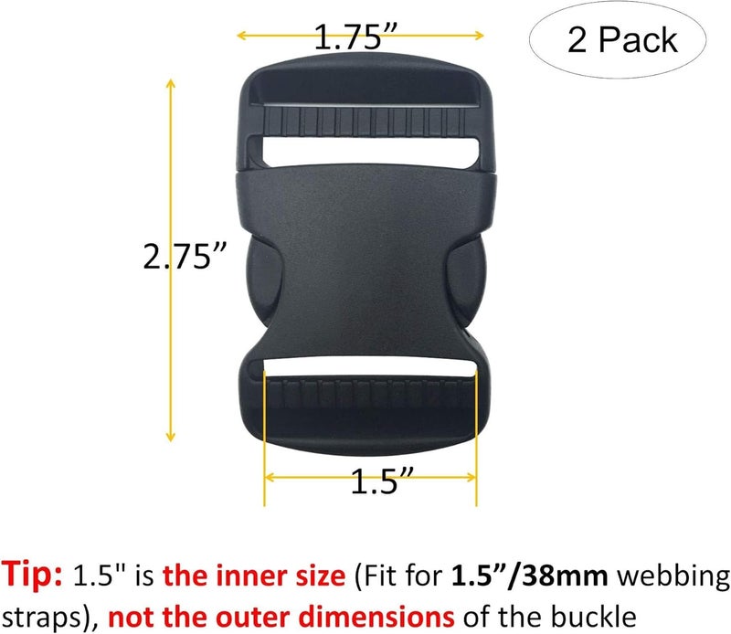EesTeck 2 Set 1.5 Inch Flat Dual Adjustable Plastic Quick Side Release Plastic Buckles and Tri-glide Slides for Luggage Straps Pet Collar Backpack Repairing (Black, Fit For 1.5”/38mm Webbing Straps) - Image 2