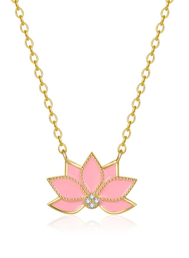 Moonmory Original Design 925 Sterling Silver Pink Enamel Flower Pendant Necklace with White Cubic Zirconia, 18K Gold Plated Dual Layer, Adjustable 50cm Hypoallergenic Fashion Jewelry Gift for Ramadan Mother’s Day Valentine Back to School - Image 1