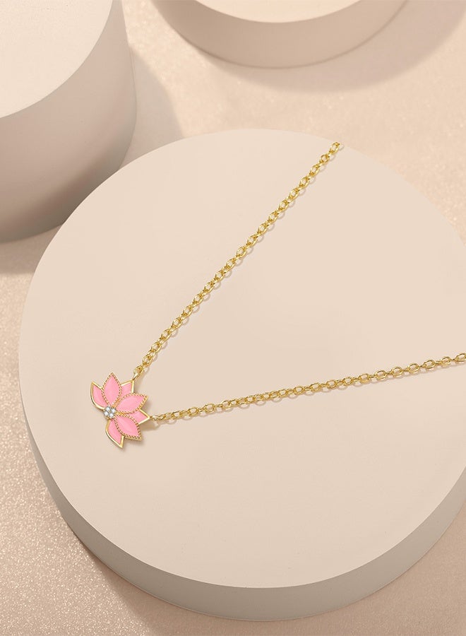 Moonmory Original Design 925 Sterling Silver Pink Enamel Flower Pendant Necklace with White Cubic Zirconia, 18K Gold Plated Dual Layer, Adjustable 50cm Hypoallergenic Fashion Jewelry Gift for Ramadan Mother’s Day Valentine Back to School - Image 3