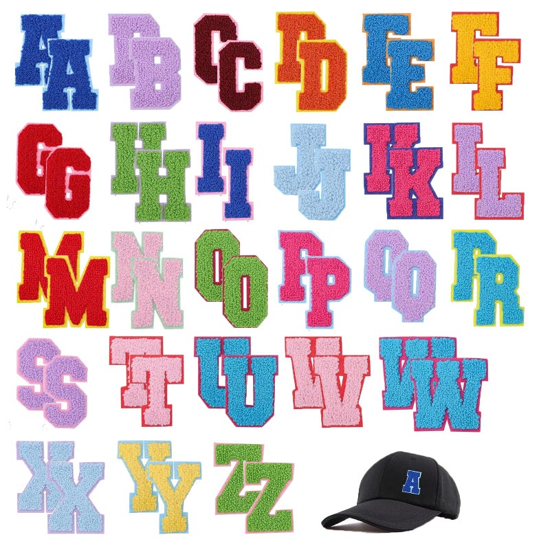 52PCS Iron on Letter Patches AZ Chenille Patches Embroidered Alphabet Applique Sew on Letter Patches with Ironed Adhesive Letter Punctuation Accent for Decorate Repair Hats Shirts Jeans Bags