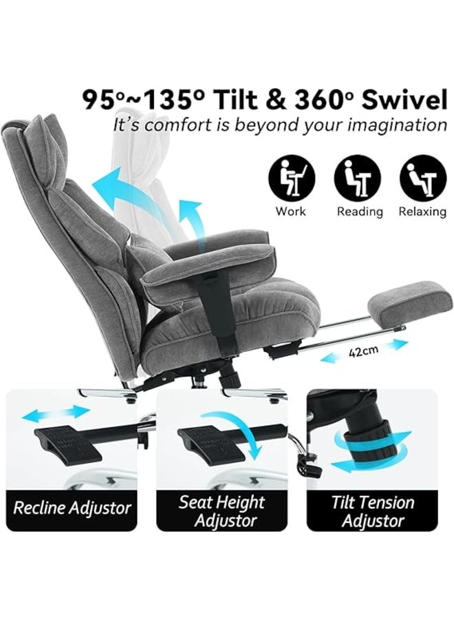 Markero Group Efomao Big and Tall Office Chair, Executive Office Chair with Foot Rest, Ergonomic Fabric Computer Chair for Back Pain Relief, Grey Gaming Chair - Image 3