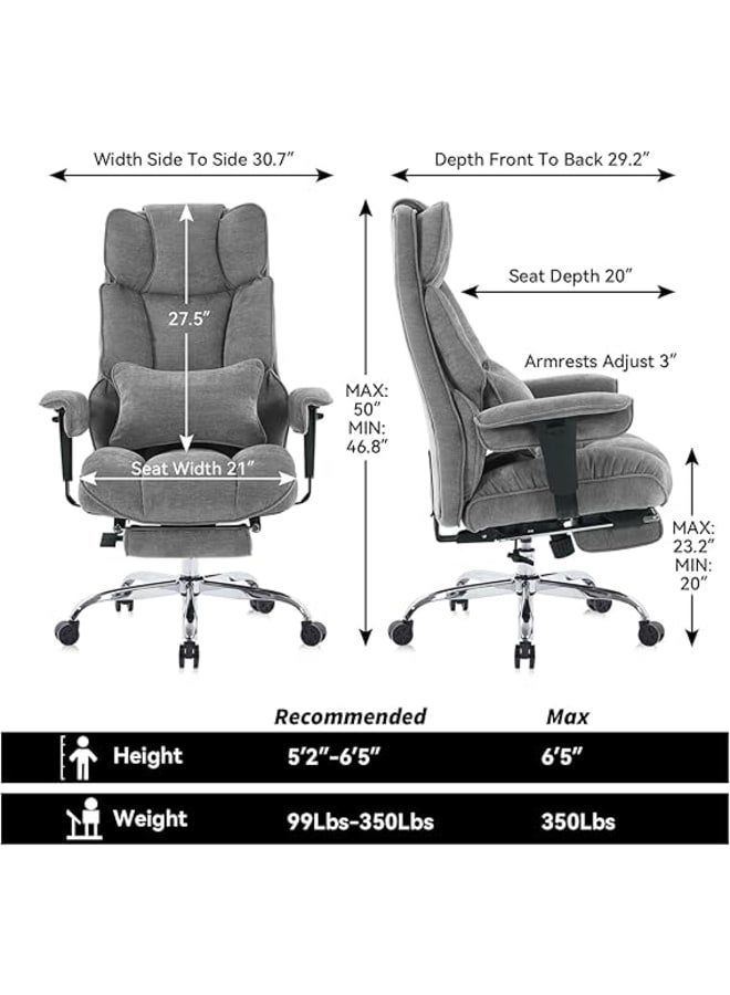 Markero Group Efomao Big and Tall Office Chair, Executive Office Chair with Foot Rest, Ergonomic Fabric Computer Chair for Back Pain Relief, Grey Gaming Chair - Image 2
