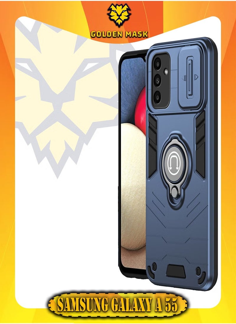 جولدن ماسك جولدن ماسك لهاتف سامسونج جالاكسي اية 55 (Samsung Galaxy A55) جراب الحماية الفائقه مع دبله معدانيه وباب جرار لحماية كاميرة الهاتف - (ازرق داكن)  - Image 2