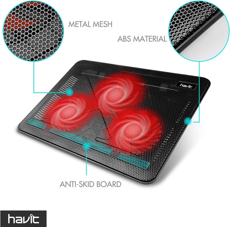 havit HV-F2056 وسادة تبريد لابتوب 15.6-17 بوصة - نحيفة محمولة تعمل بالطاقة عبر USB (3 مراوح) (أسود+أحمر) - Image 4