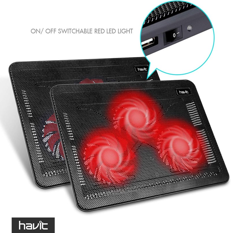 havit HV-F2056 وسادة تبريد لابتوب 15.6-17 بوصة - نحيفة محمولة تعمل بالطاقة عبر USB (3 مراوح) (أسود+أحمر) - Image 2