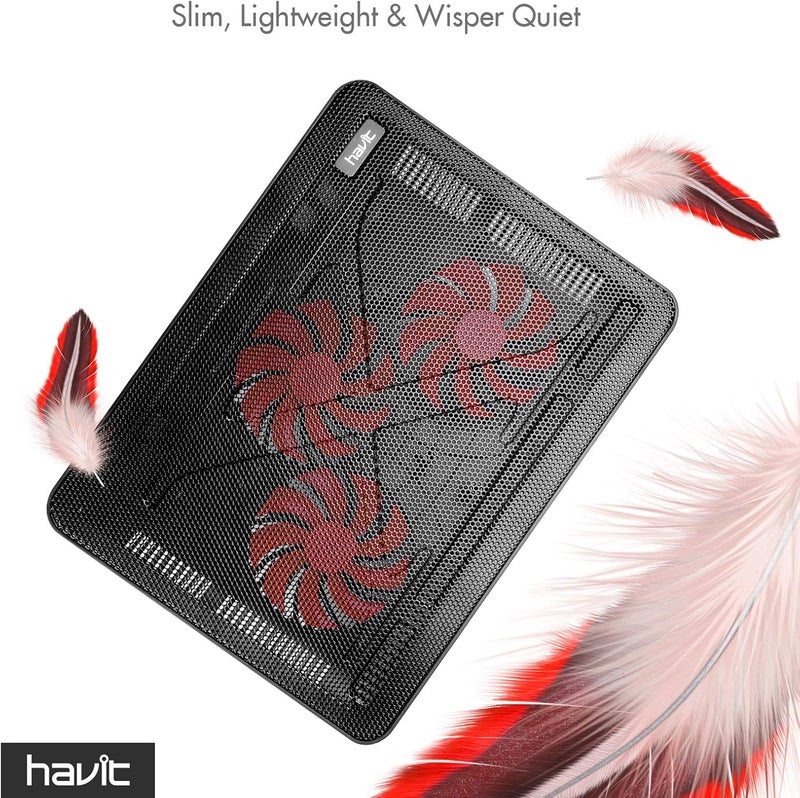 havit HV-F2056 وسادة تبريد لابتوب 15.6-17 بوصة - نحيفة محمولة تعمل بالطاقة عبر USB (3 مراوح) (أسود+أحمر) - Image 3