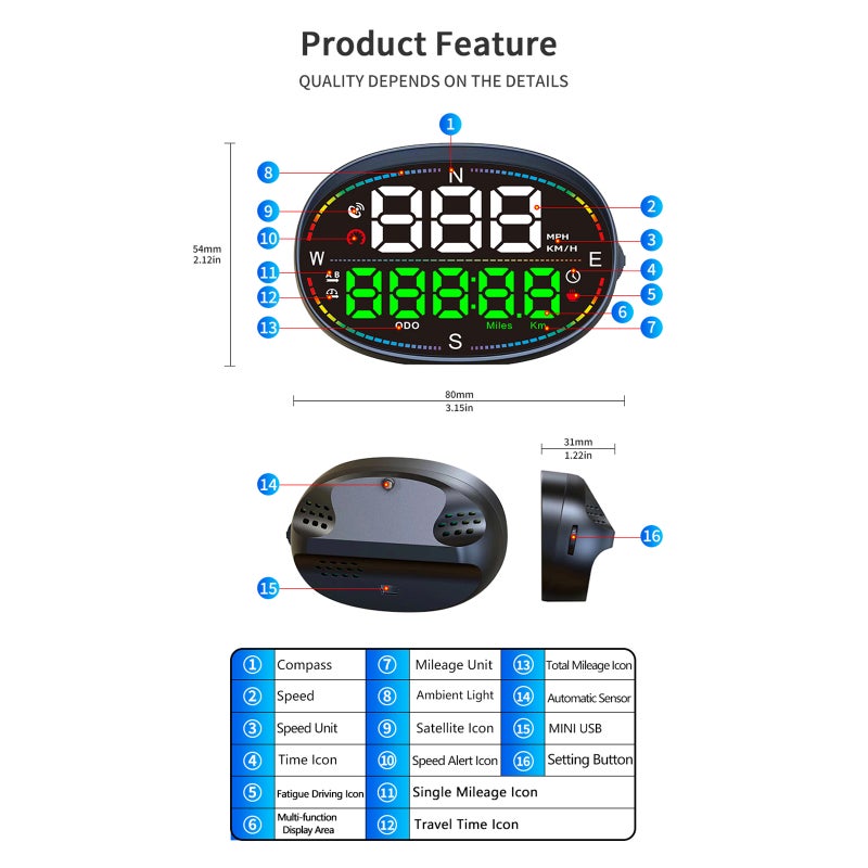 شاشة عرض مرئية (Head Up Display)، شاشة عرض مرئية عالمية للسيارة بنقاط 3 بوصة مقياس سرعة GPS مع سرعة، وقت، بوصلة، إنذار تجاوز سرعة، قياس المسافة، إنذار تعب القيادة لجميع المركبات - Image 4