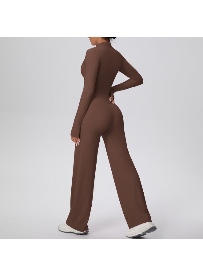New Solid Color Double-sided Brushed Zipper Jacket Wide-leg Yoga Suit Sports Running Fitness Two-piece Set - Image 4