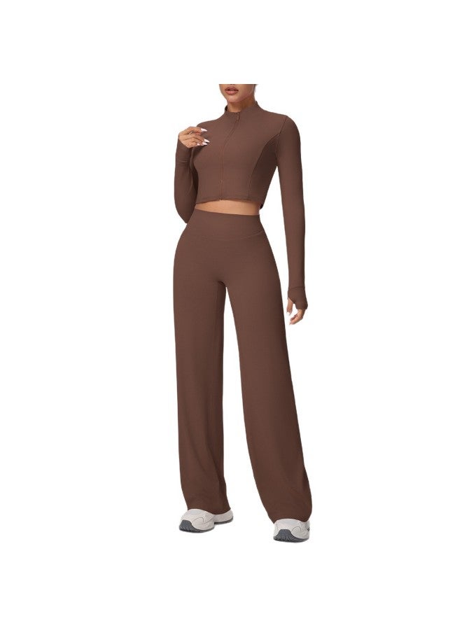 New Solid Color Double-sided Brushed Zipper Jacket Wide-leg Yoga Suit Sports Running Fitness Two-piece Set - Image 5
