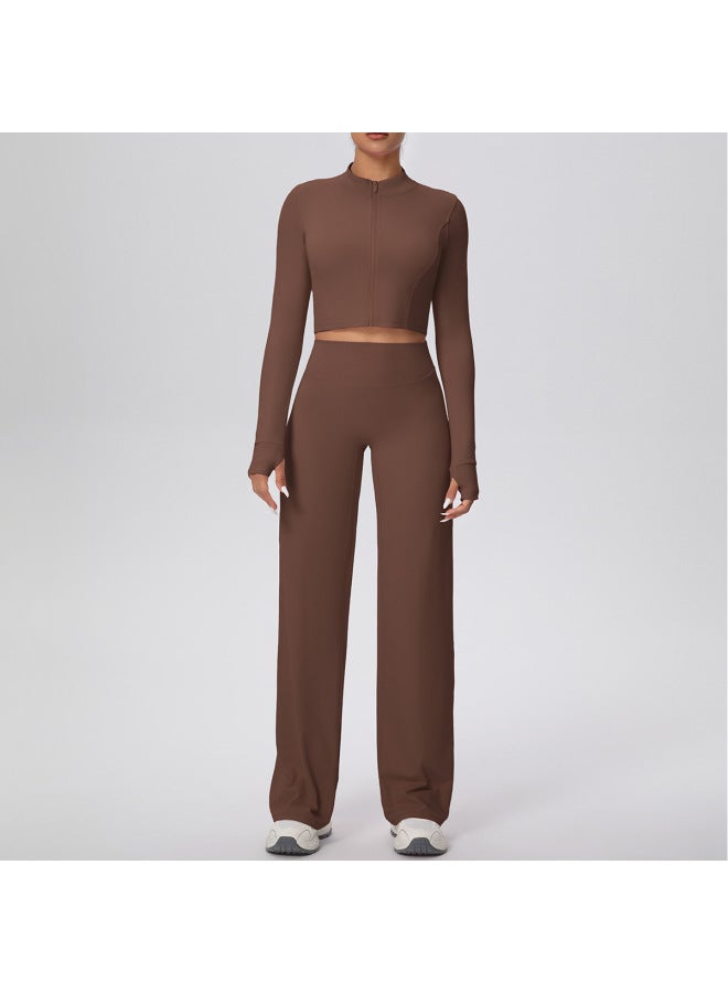 New Solid Color Double-sided Brushed Zipper Jacket Wide-leg Yoga Suit Sports Running Fitness Two-piece Set - Image 2