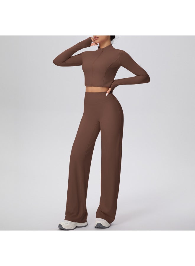 New Solid Color Double-sided Brushed Zipper Jacket Wide-leg Yoga Suit Sports Running Fitness Two-piece Set - Image 3