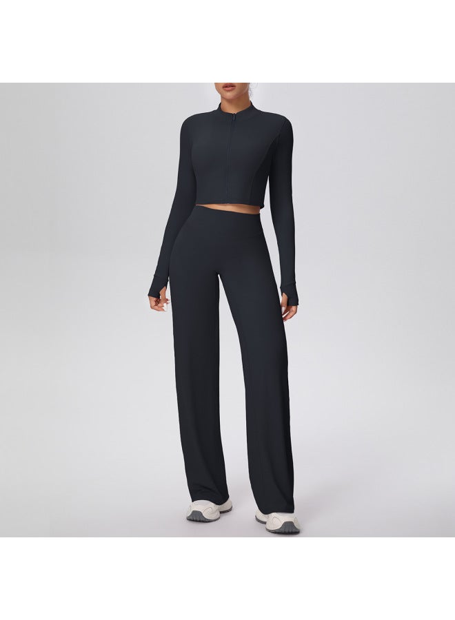 New Solid Color Double-sided Brushed Zipper Jacket Wide-leg Yoga Suit Sports Running Fitness Two-piece Set - Image 1