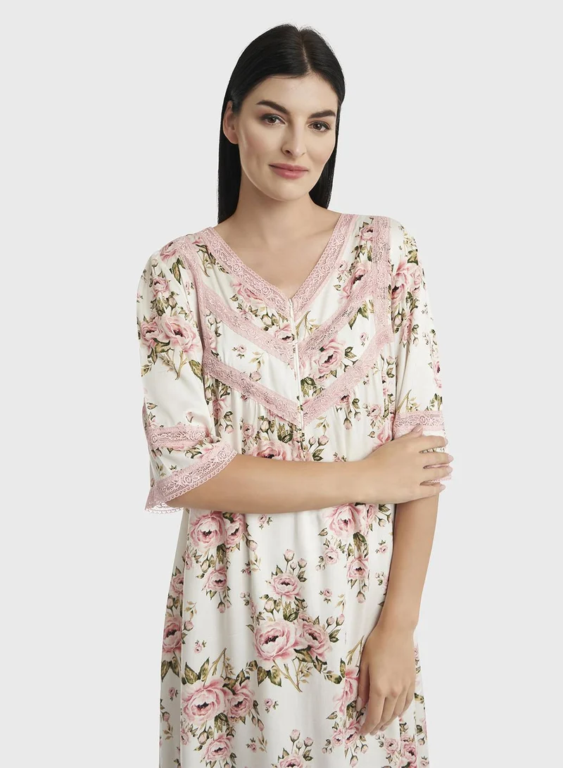 KASHKHA Front Zipp Classic Floral Printed Viscose Nighty (CNH416)