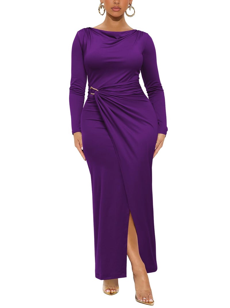 Ekaliy Women's Fall Wedding Guest Cocktail Maxi Dresses Elegant Long Sleeve Bodycon Ruched Dress Purple Wrap Dress M - Image 1