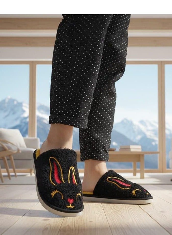 Women's winter home slippers, black fur - Image 1