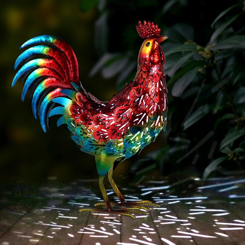 Kircust Solar Metal Rooster Animal Lights Garden Sculptures Art Decor Outdoor LED Light Color Chicken Statue for Farm Patio Lawn Back Yard Home Decorations1398 WX59 DX1674 H