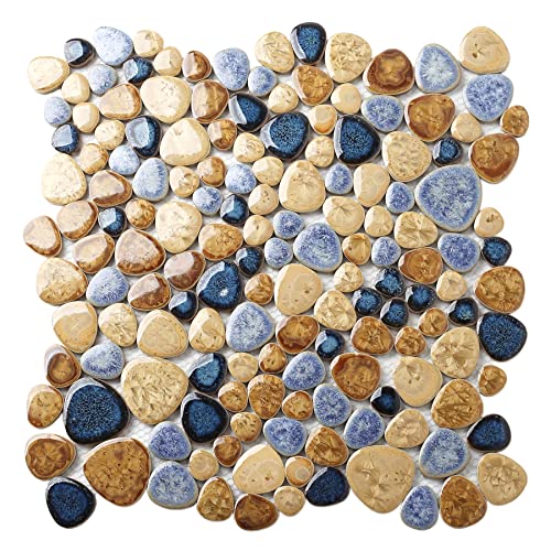 Blujellyfish Glazed Blue Mosaic Ceramic Pebble Porcelain Tile Swimming Pool Bath Shower Wall Flooring Tile TSTGPT001 (5 Square Feet) - Image 1