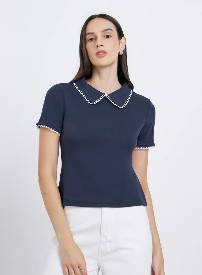 Styli Styli Women Navy Blue Collar Contrast Lining Knit Top