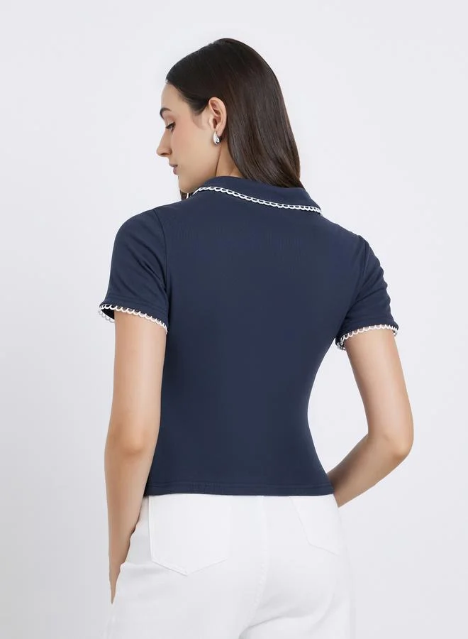 Styli Styli Women Navy Blue Collar Contrast Lining Knit Top