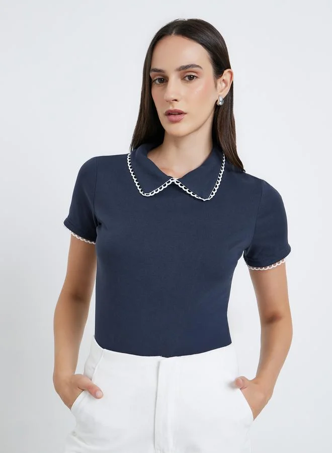 Styli Styli Women Navy Blue Collar Contrast Lining Knit Top