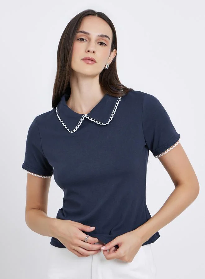 Styli Styli Women Navy Blue Collar Contrast Lining Knit Top