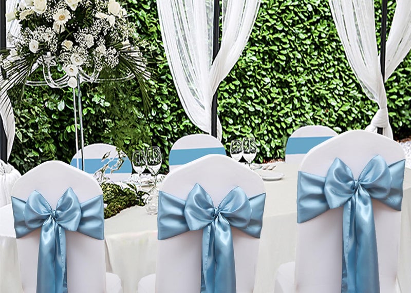 JFDYDM 50 Pack Satin Dusty Blue Chair Sashes for Wedding Gender Reveal Party Birthday Reception  Hotel Event  Banquets Chairs Decorations  Dusty Blue Satin Chair Sashes Bows for Folding Chairs - Image 3