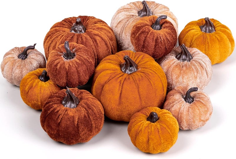 Whaline 12Pcs Fall Faux Velvet Pumpkins Thanksgiving Harvest Artificial Fake Pumpkin Rustic Assorted Sizes Orange Brown Khaki Small Foam Pumpkins for Fall Wedding Party Home Table Decor - Image 1
